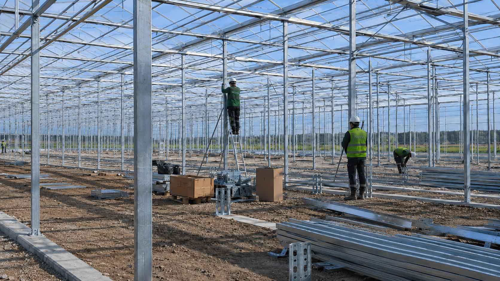 Greenhouse columns, roof framing and bracing during construction