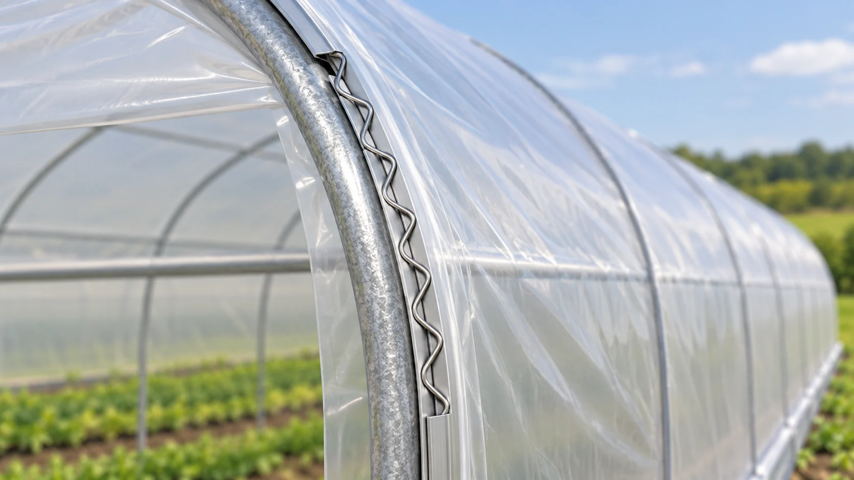 Film covering secured with a lock channel and spring wire — Product illustration