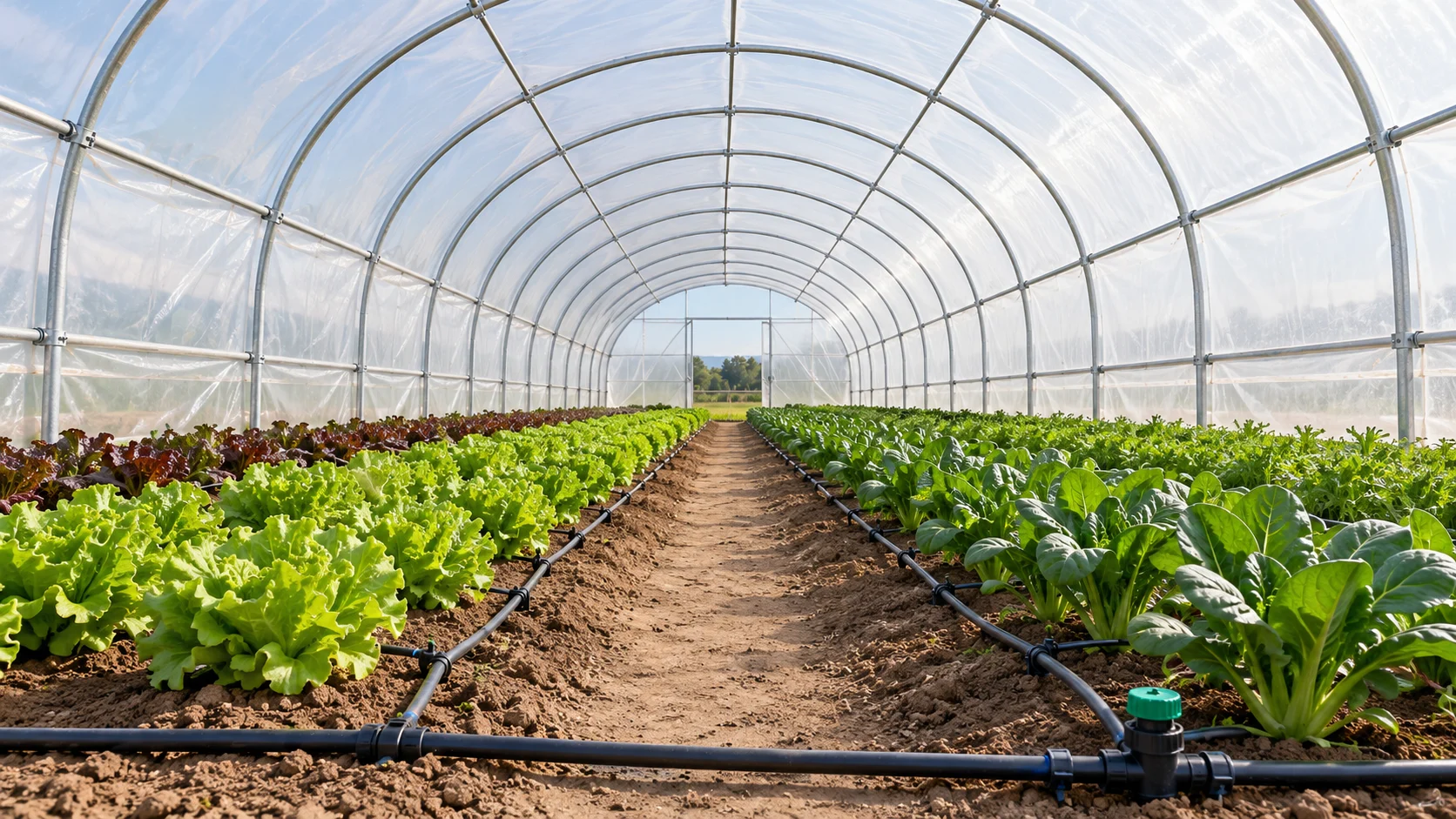 Vegetable beds and drip irrigation inside a film tunnel — Product illustration